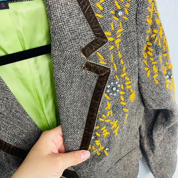 Spy Zone Exchange Wool Blend Brown Tan Velvet Embroidered Blazer Coat - Picture 6 of 12